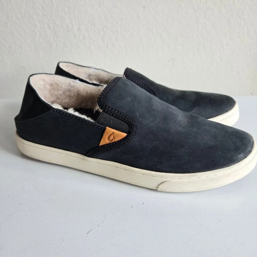 Olukai Pehuea Heu Black Leather Shearling Lined Slip On‎ Sneakers Womens 8 20391